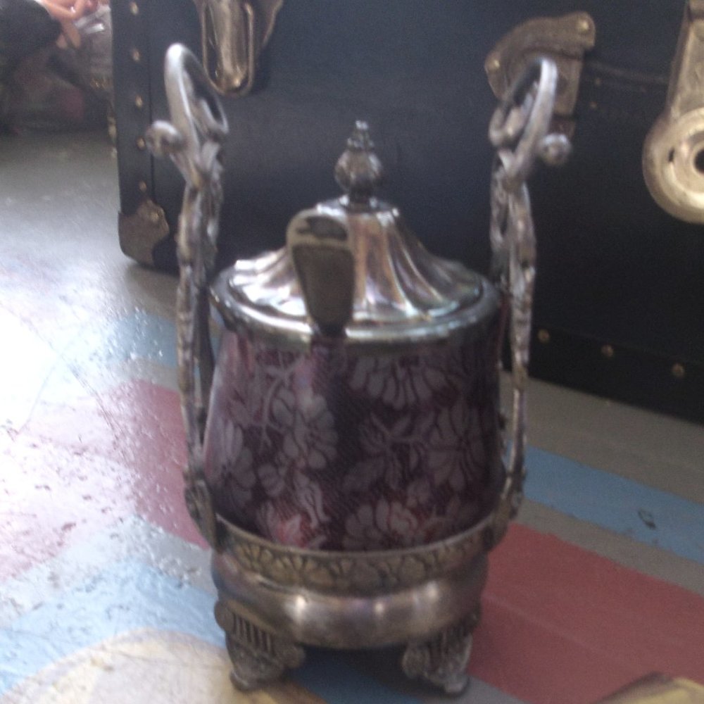 Antique Barbour silverplate pickle castor condiment server cranberry etched
